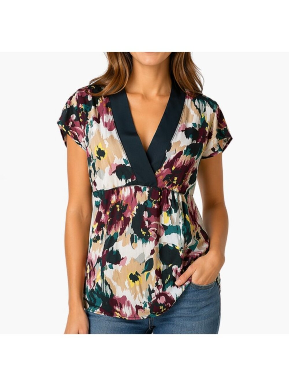 Vertigo Paris Women’s Floral V-Neck Blouse Top Short Sleeve Size Small Y2K NWT